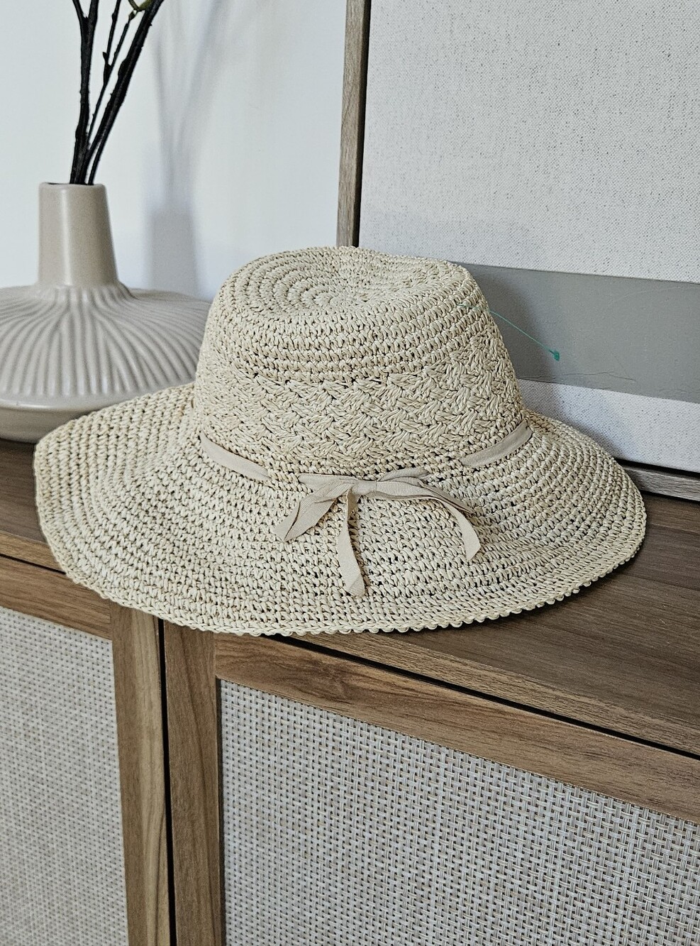 Woven Straw Sun Hat with Ribbon Trim - Cream